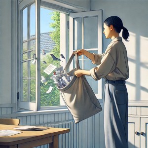 A woman holding a bag out of a window.